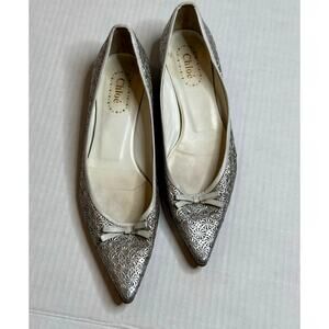 Vintage authentic Chloe leather silver pointed ballet bow flats size EU 36